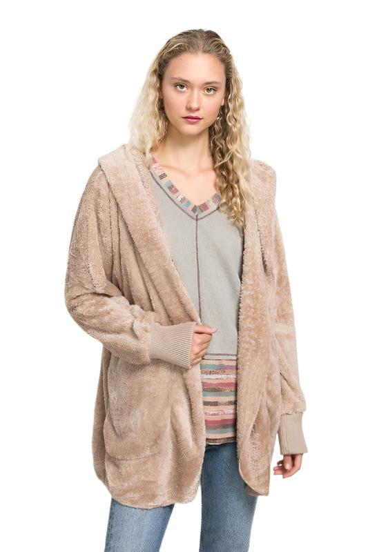 Hem & Thread Fuzzy knit open front, hooded cardigan with pockets L2394 - Taupe Fuzzy - front alt view