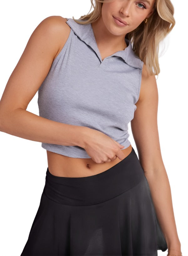 Onzie Flow Yoga Crop Polo Tank 3842 - Heather Grey - Front View