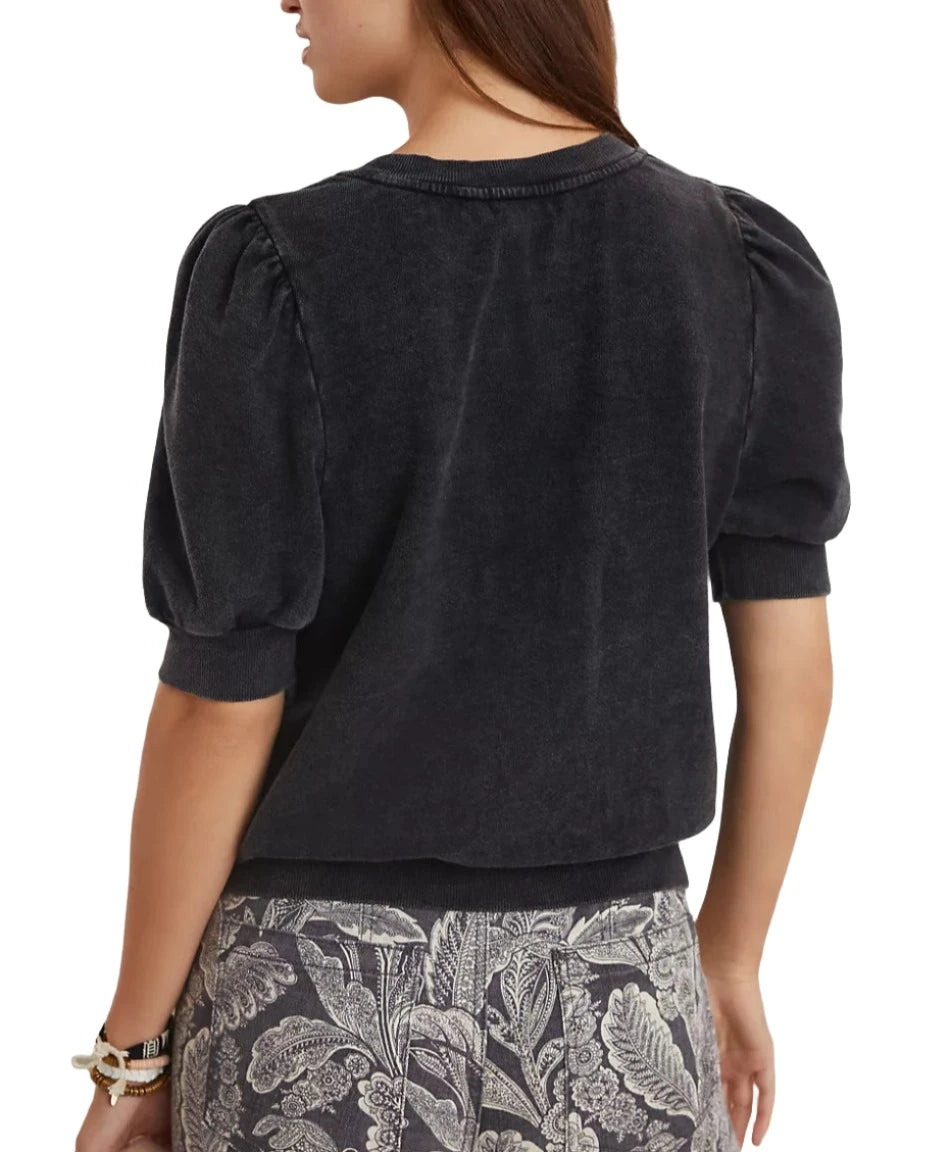 TLA French Terry Puff Sleeve Mineral Washed Black Top Back