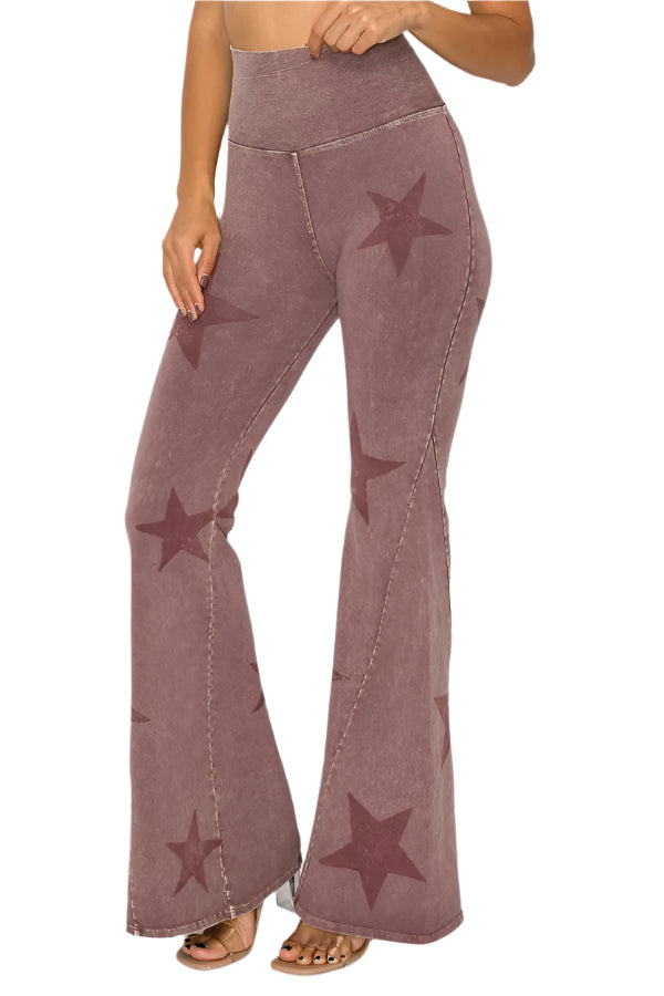 T-Party Mineral Wash Star Print Fold Over Waist Flare Pants - Dark Rose - Side View