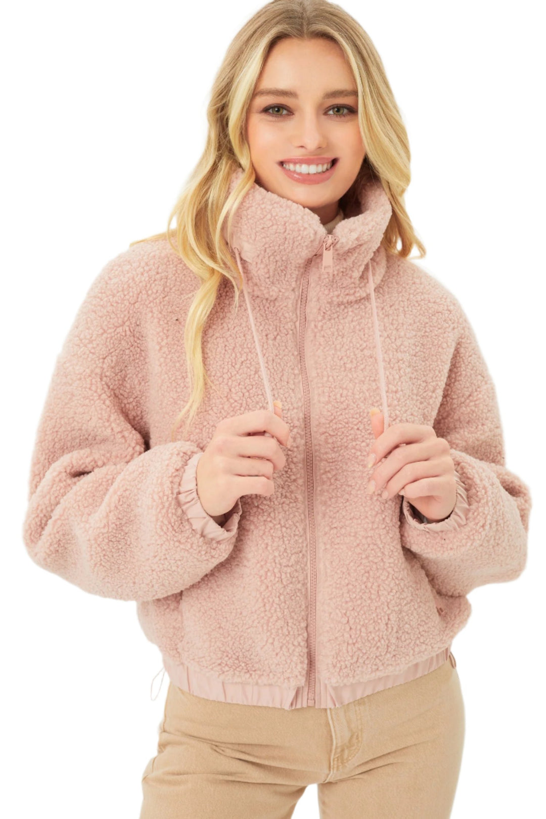 Love Tree Teddy Fleece Zip-Up Sweater - Mauve - Front View