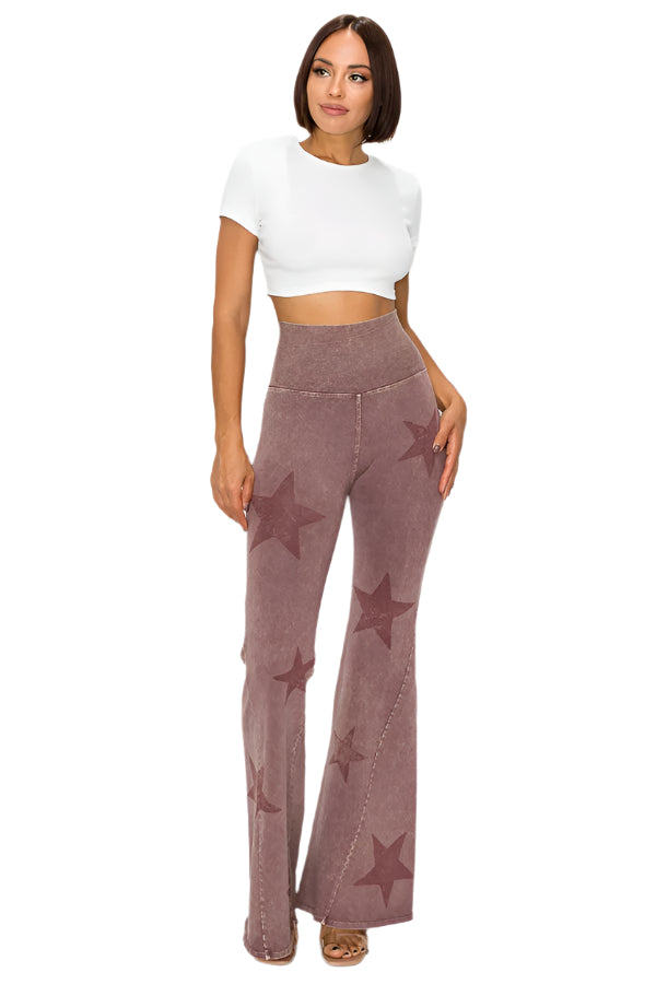 T-Party Mineral Wash Star Print Fold Over Waist Flare Pants - Dark Rose - Front Full View