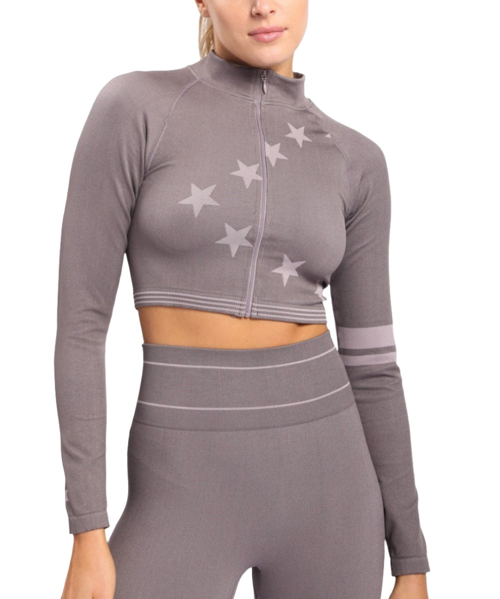 Mono B Stars and Stripes Cropped Zip Up Jacket AJ-A0991 - Charcoal - Front View