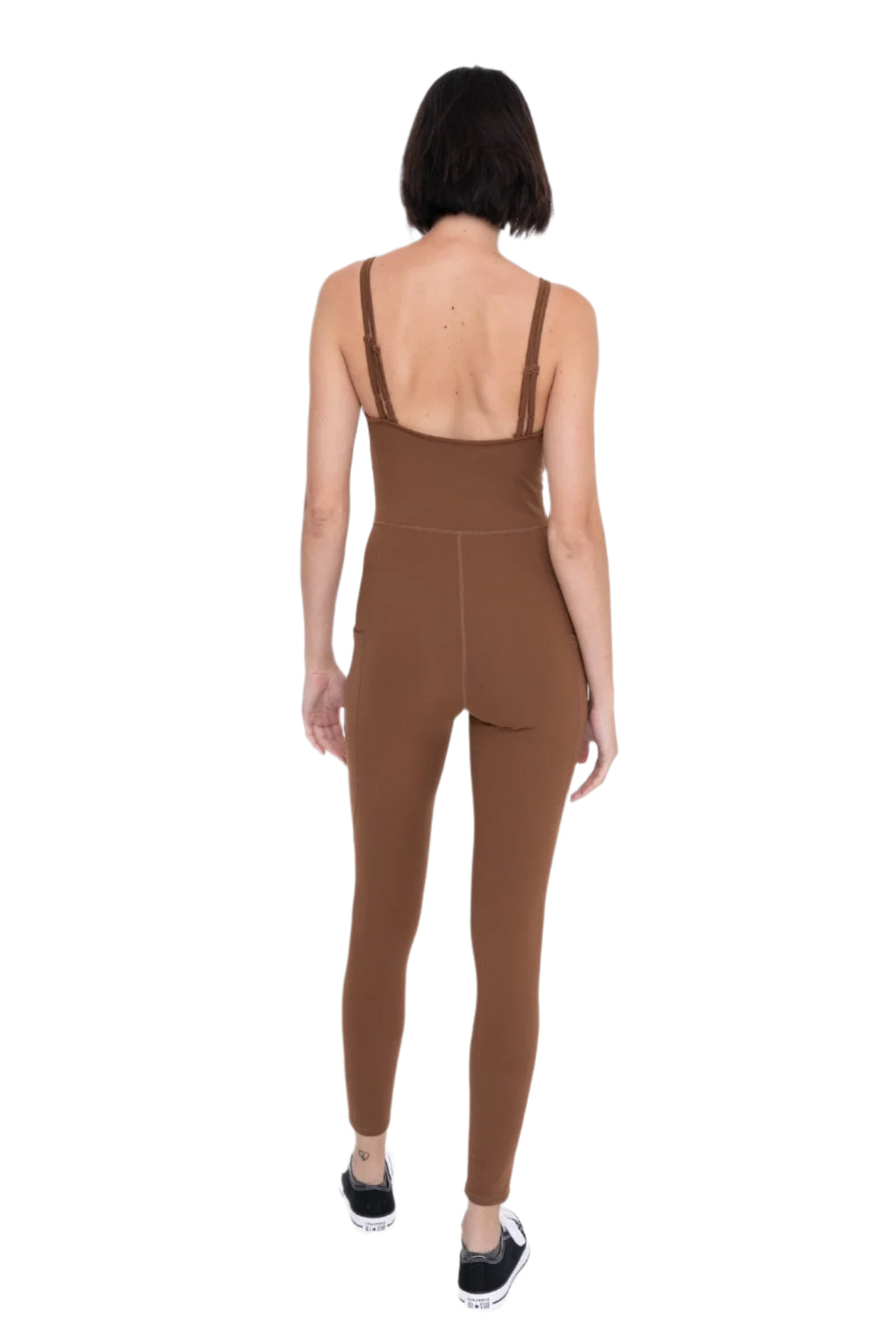 Mono B Sleeveless Full Length Unitard with Pockets - Cocoa Dust - Back Full View