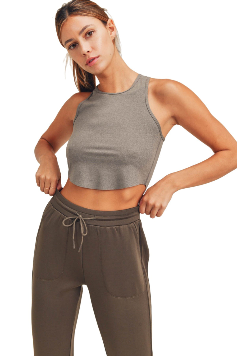 Mono B Marled Raw Hem Crop Top AT-A067 - Peanut - Front View