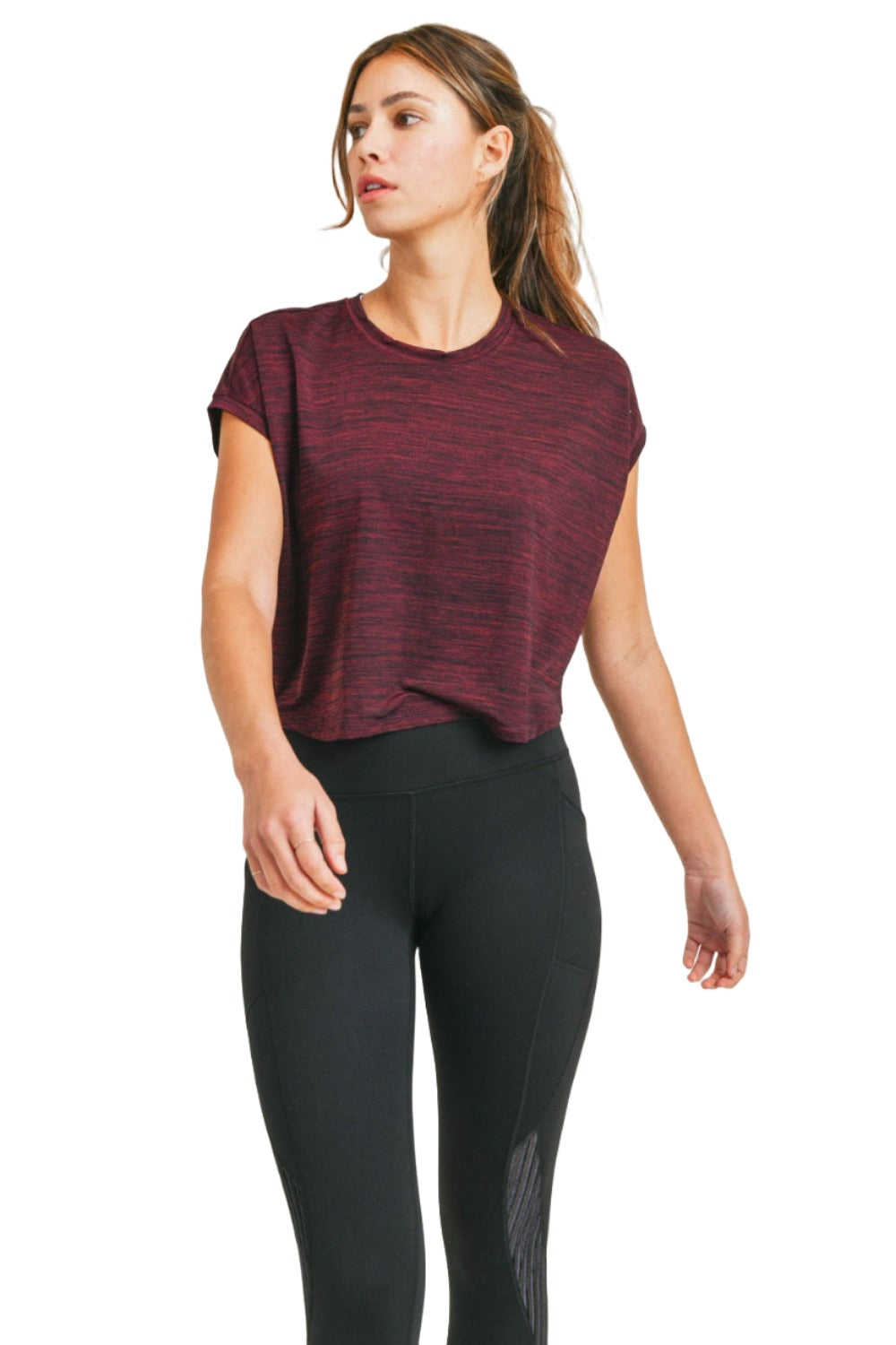 Mono B Cap-Sleeved Melange Athleisure Cropped Shirt AT309 - 2 Tone Red - Front View