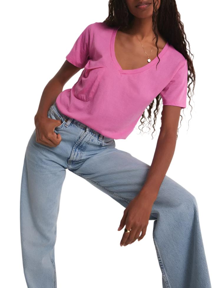 Z Supply V Neck Pocket Tee - Heartbreaker Pink - Front Rear View