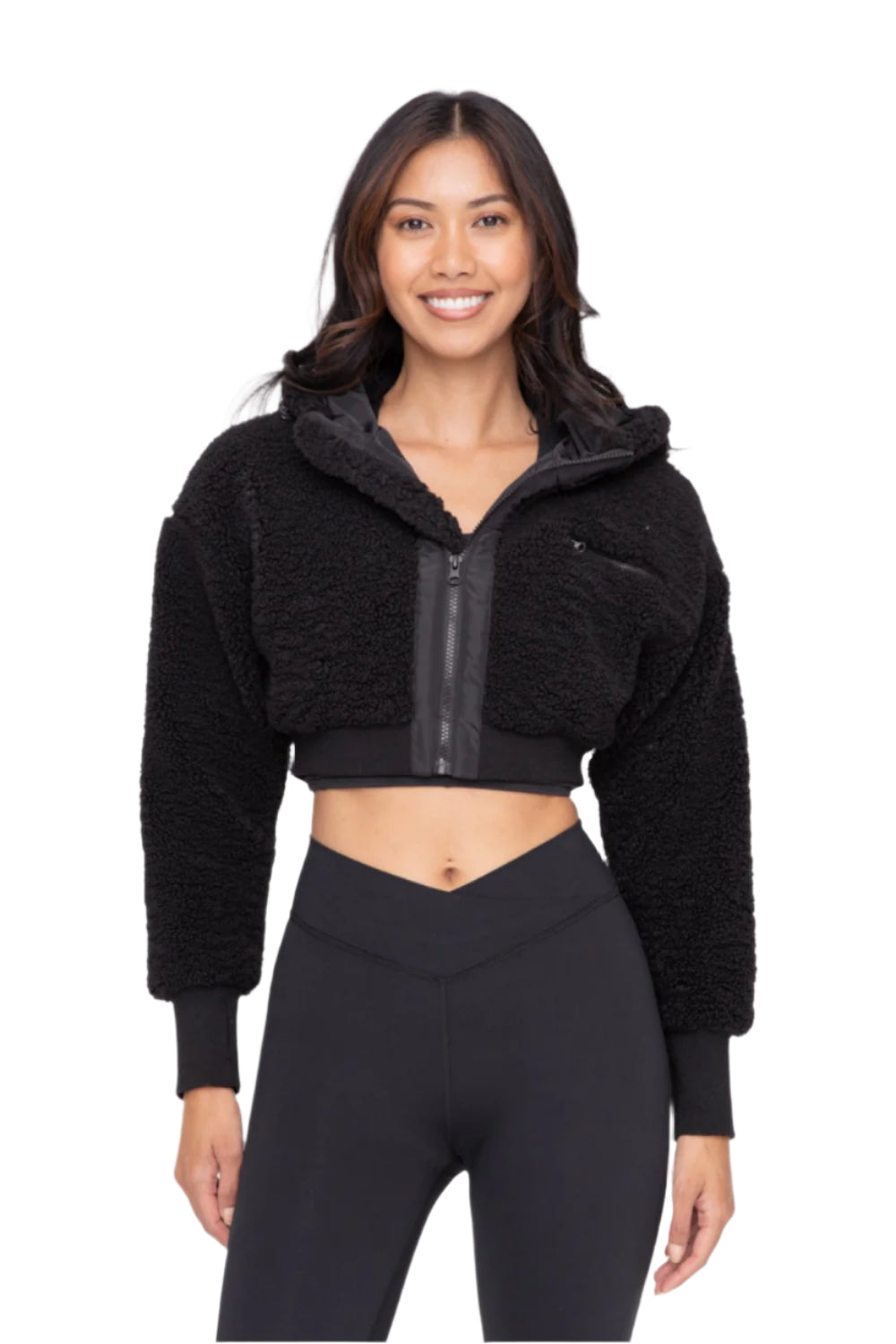 Mono B Cropped Sherpa Jacket - Black - Front View