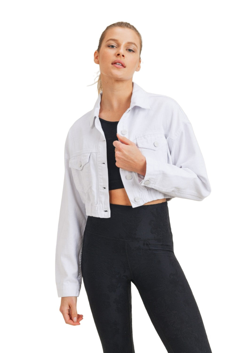Mono B Crop White Denim Jacket KJ11743 - White Denim - Front View2