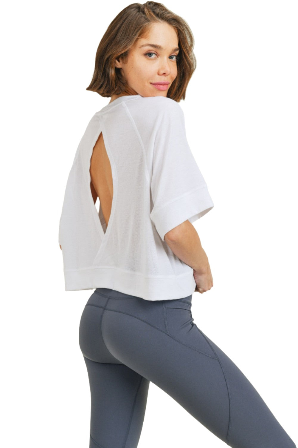 Mono B Perforated Cutout Raglan Cropped Tee KT210353 - White - Side View