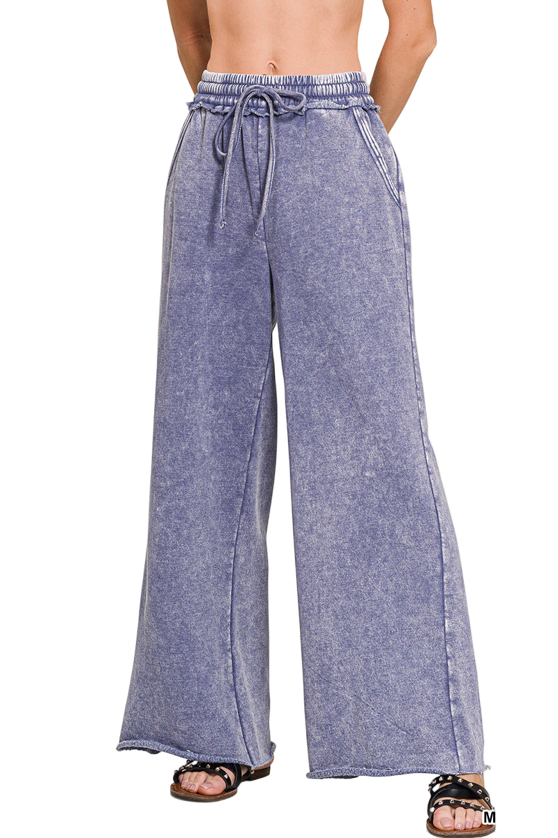 Zenana Acid Washed Fleece Palazzo Sweat Pant - Marlin - Front View